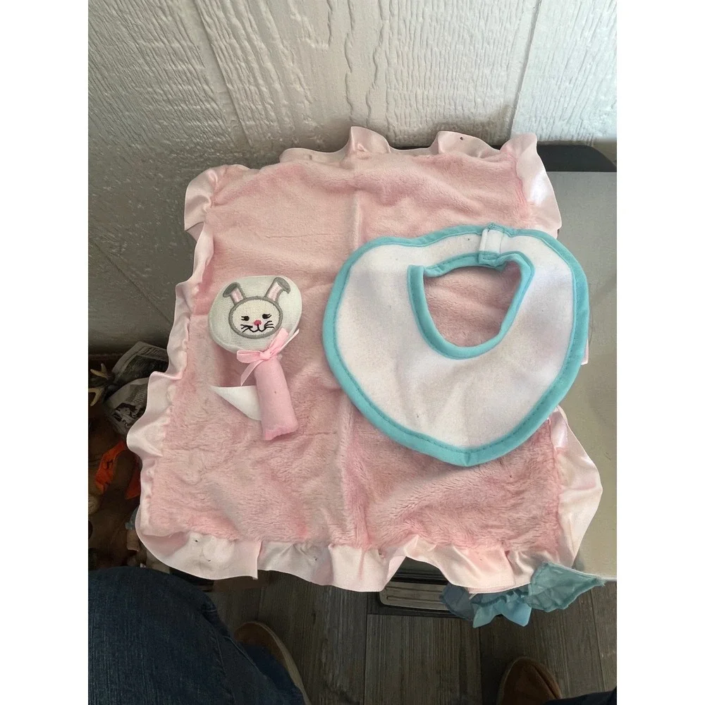 Baby doll Pink Bunny Rattle Bib Blanket Set Easter Spring‎ Gift